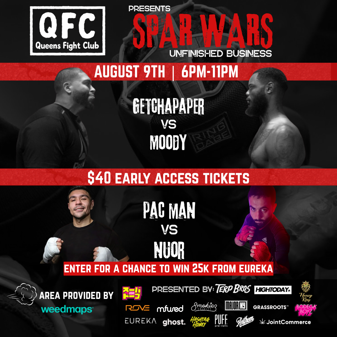 Promo for Spar Wars: Unfinished Business, presented by Queens Fight Club, featuring upcoming fighters, highlights from past bouts, and details for the August 9th boxing event in Queens, New York.