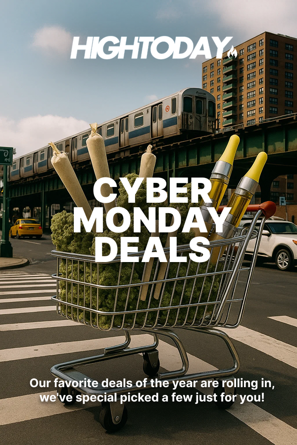 Shopping cart filled with cannabis products and accessories, featuring text "CYBER MONDAY DEALS" prominently displayed, set against an urban NYC backdrop with a subway train in motion, emphasizing cannabis deals for the holiday shopping season.