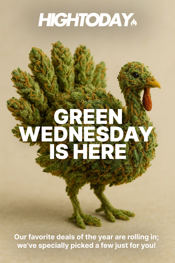 Turkey sculpture made of cannabis buds with text "GREEN WEDNESDAY IS HERE" and "HIGHTODAY," promoting cannabis deals for Green Wednesday in NYC.