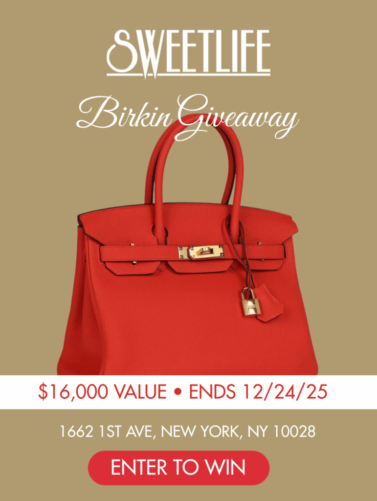 Sweet Life Birkin giveaway advertisement featuring a red Birkin bag with text highlighting a $16,000 value, entry details, and location in New York City.