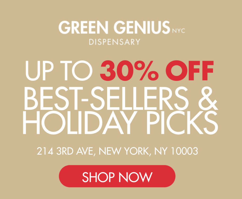 Green Genius NYC dispensary advertisement featuring "Up to 30% off best-sellers and holiday picks," with location details and a prominent "Shop Now" button, promoting cannabis deals for Green Wednesday.