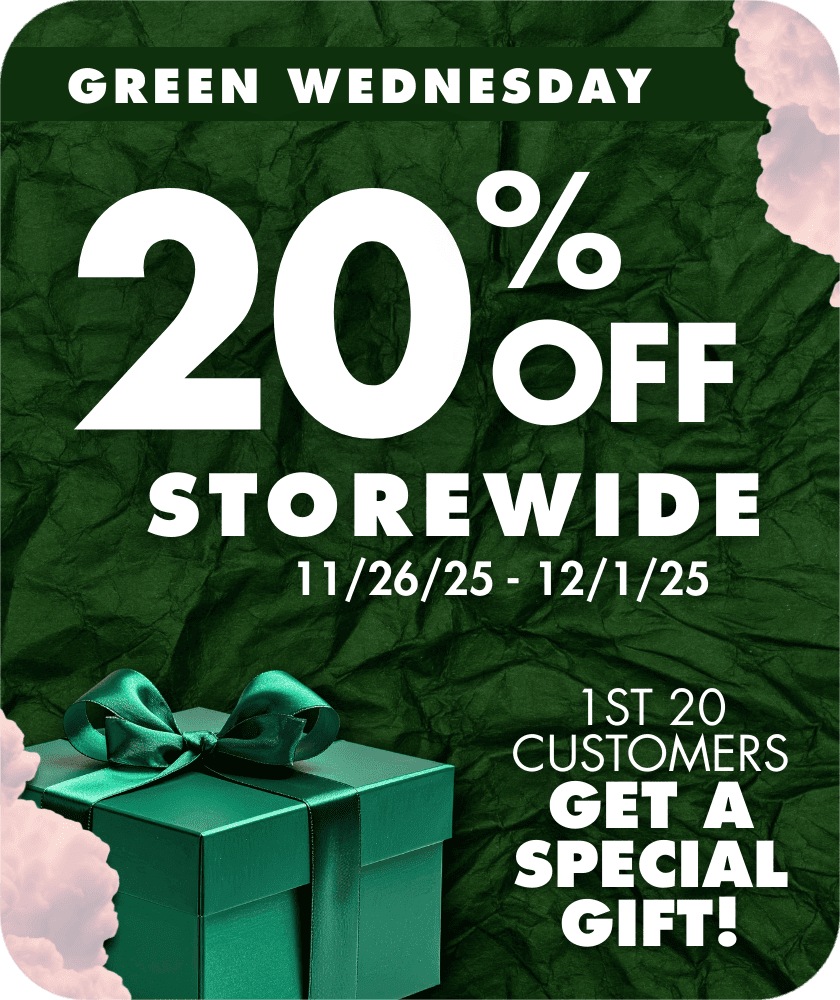 Green Wednesday promotional graphic featuring 20% off storewide, holiday-themed design, special gift for first 20 customers, dates from 11/26/25 to 12/1/25.