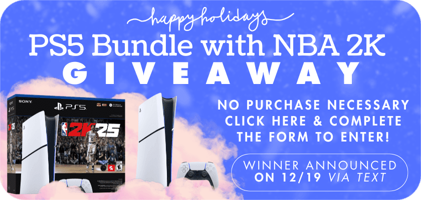 Holiday giveaway promotion featuring a PS5 console bundle with NBA 2K25, emphasizing no purchase necessary and entry details.